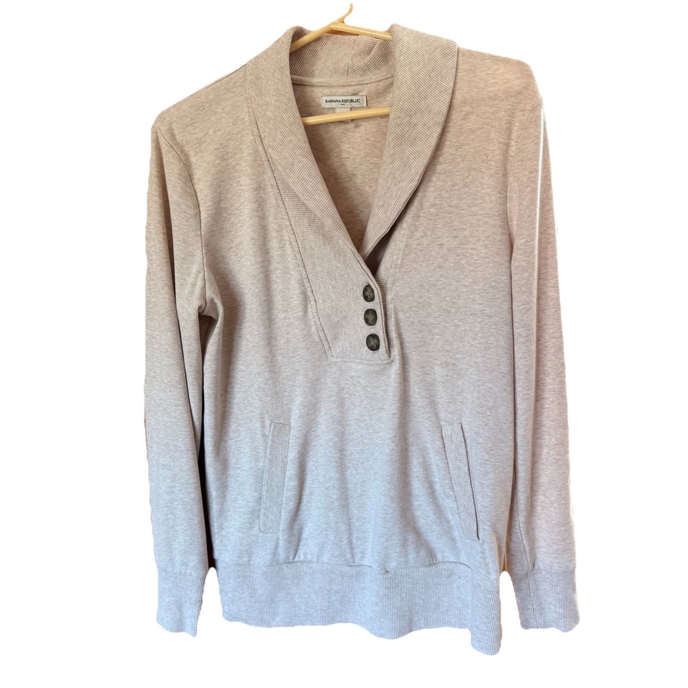 Banana Republic Women Pullover Sweater Medium Beige Shawl Neck Button Pockets